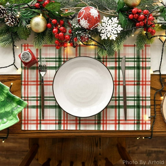 Red Green Buffalo Plaid Christmas Placemats Set of 4, 12x18 Inch Seasonal Winter Table Mats for Party Kitchen Dining Decoration