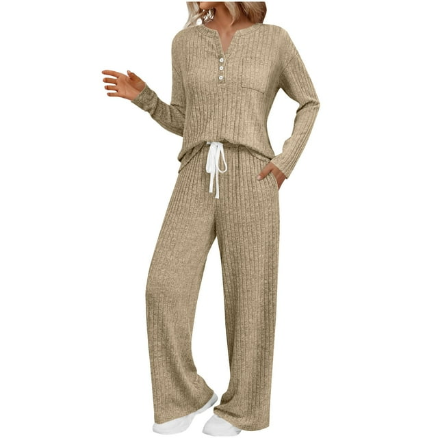 UAMVSH Womens 2 Piece Matching Lounge Sets Textured Long Sleeve Tops and Drawstring Pants Set Comfy Soft Knit Casual Outfits