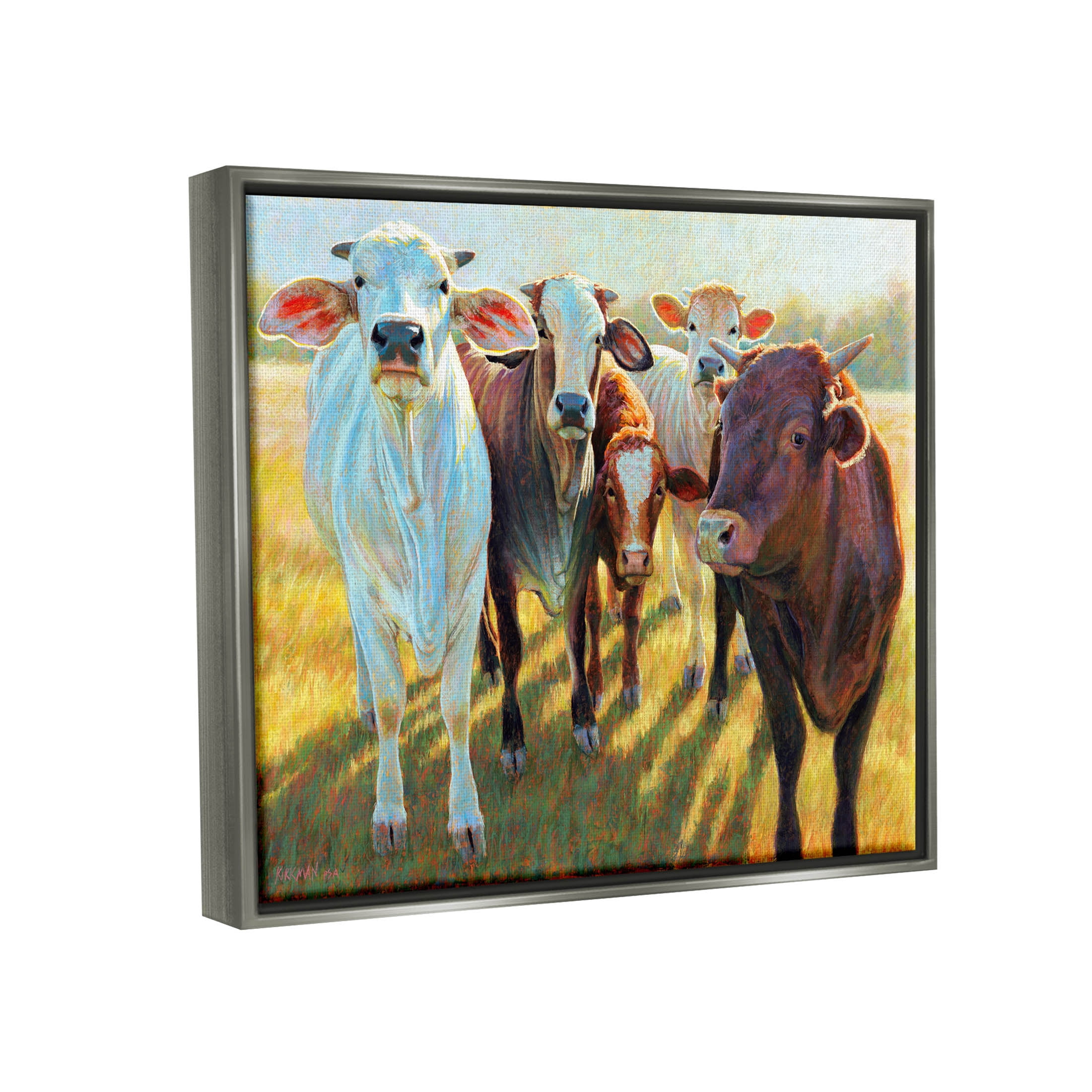 Various Cattle Sunny Farmland Field Animals & Insects Painting Luster Gray Framed Art Print Wall Art
