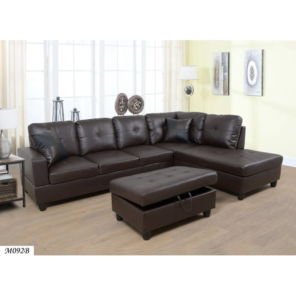 Lifestyles Sectional 3 PC Brown Faux Leather Right -Facing Chaise Storage Ottoman