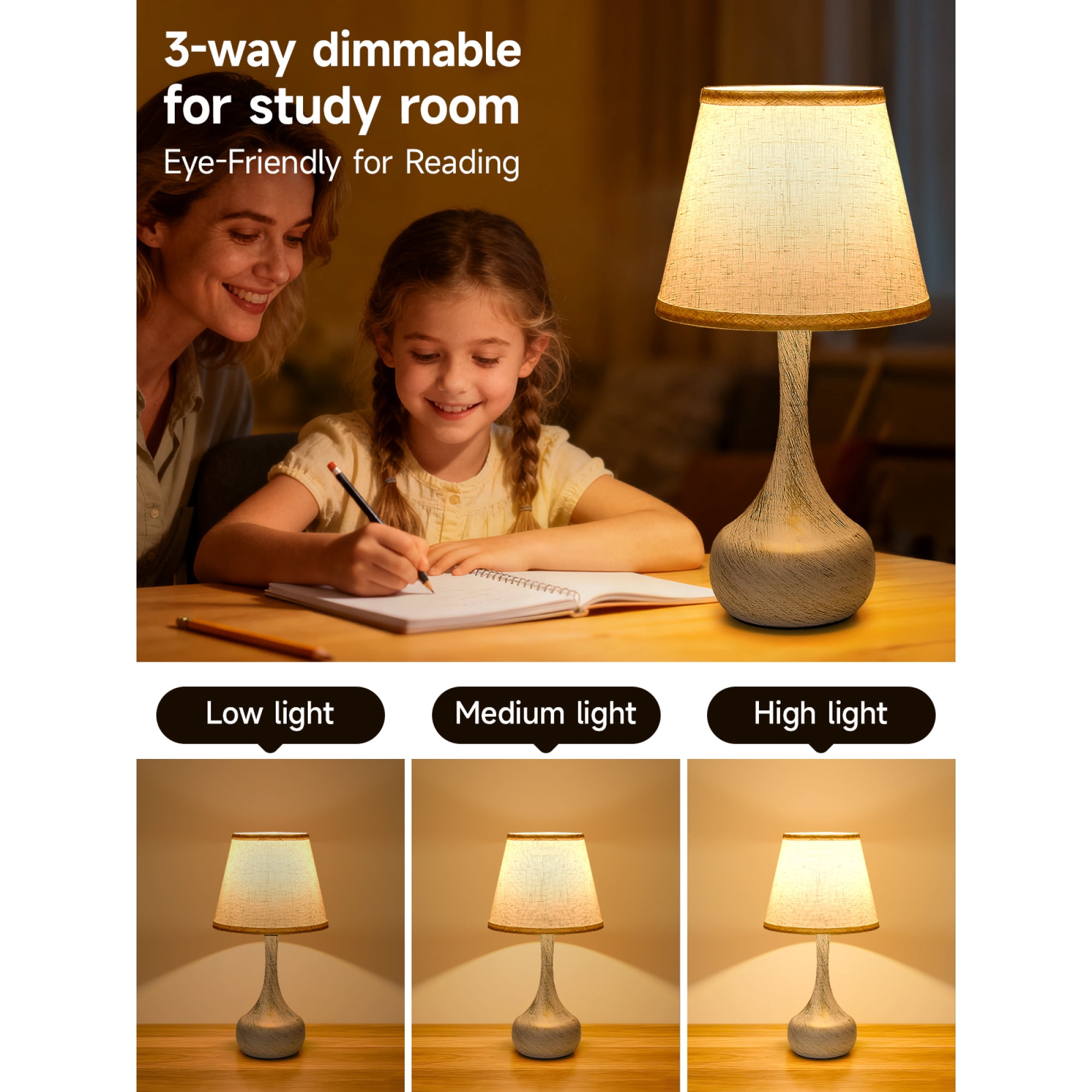 Leumius 3-Way Dimmable Set of 2 Small Bedside Lamps for Night Stands, Black LED Desk Lamps for Kids Room,Office,Living Room, End Table White+Gold