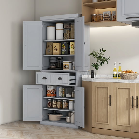 HOMCOM 72" Modern Freestanding Kitchen Pantry Cabinet Cupboard with Doors and 3 Adjustable Shelves, Gray