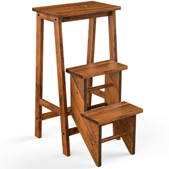 Barara King Folding Stool, Step Ladder,3-in-1 Rubber Wood 3 Tier Folding Step Stool Ladder Storage Shelf-Coffee