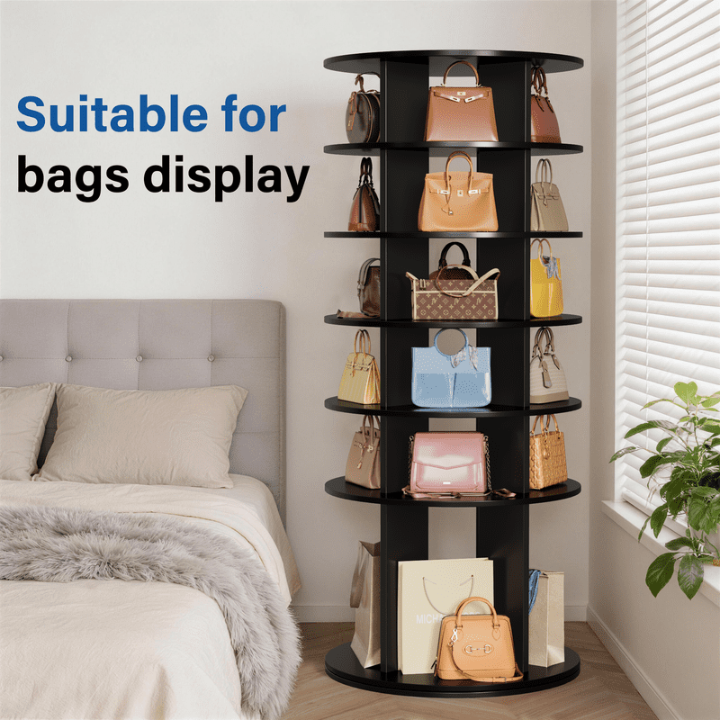 Vineego 6-Tier 360° Rotating Shoe Rack, Round Spinning Storage Organizer for Shoes, Boots & Accessories, Freestanding Tall Display Shelf for Entryway, Closet & Bedroom, Black Finish