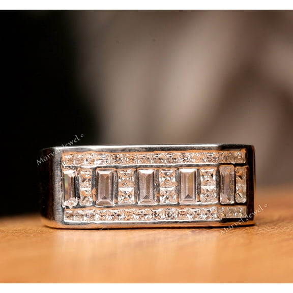 Triple Diamond Row Men's Engagement Ring, 2.5 Ct Princess Cut and Baguette Cut Simulated Diamond, Men's Half Eternity Diamond Wedding Band, 925 Sterling Silver, Gift For Dad