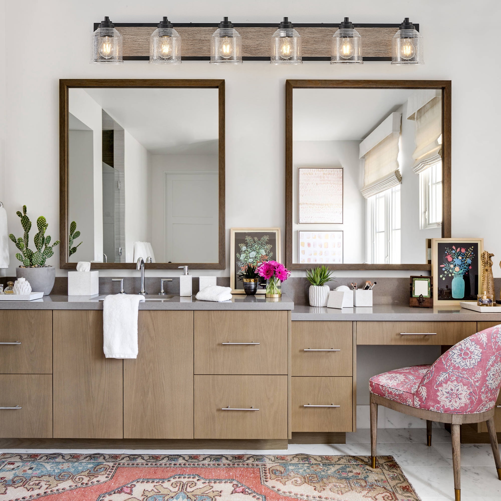 6-Light Farmhouse Bathroom Vanity Light, 48.5 Inch Rustic Wall Sconce with Wood Finish and Bubble Glass