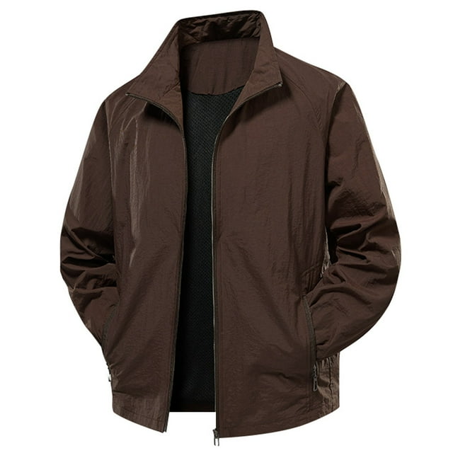 Tiweut Leisure Outdoor Jackets Men Long Sleeve Zip Up Lightweight Fall Solid Color Versatile Outdoor Clothes Coffee,L