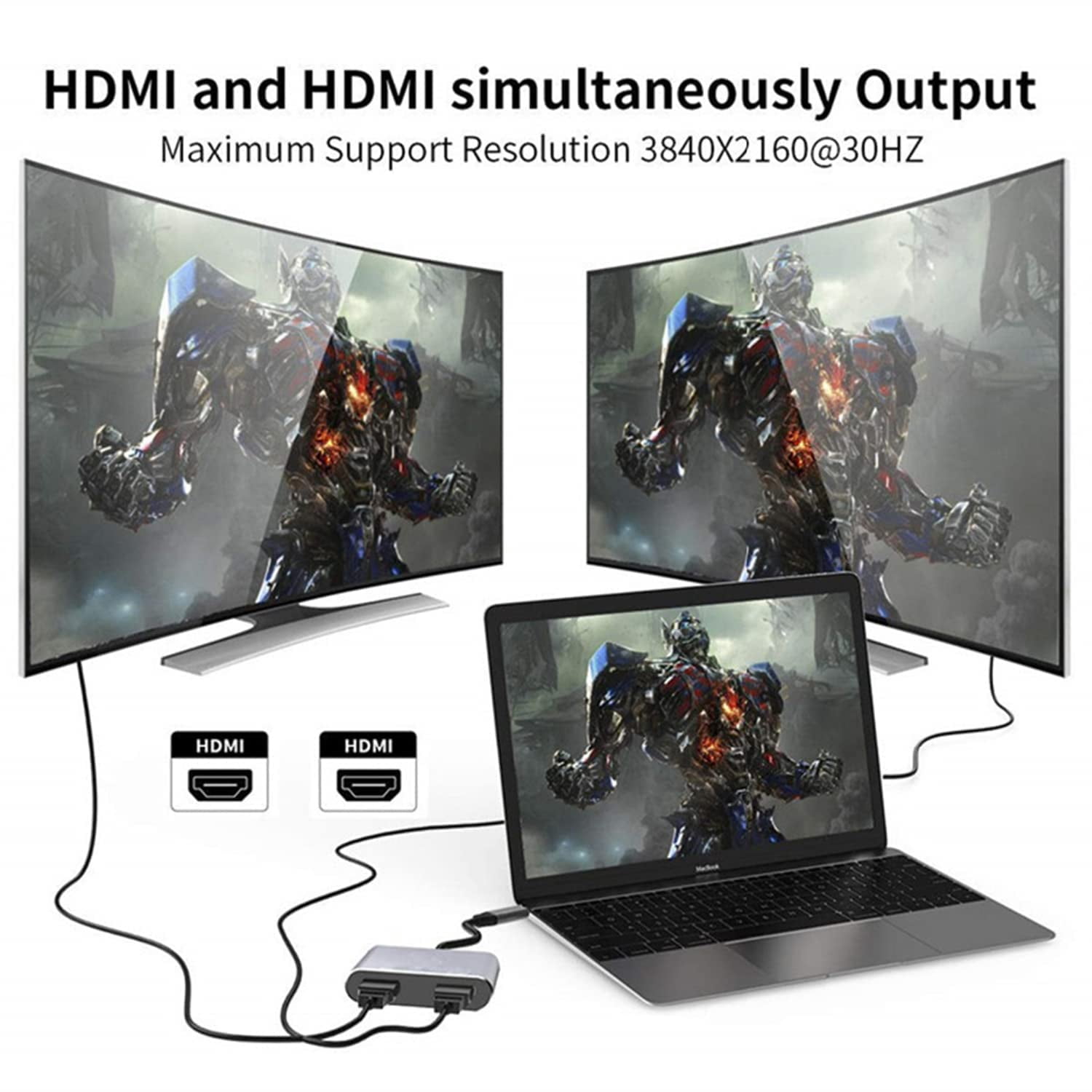 USB C to Dual HDMI Adapter, 4 in 1 USB Type C Hub with 2 HDMI/USB3.0 /PD Charging, Dual Screen Display USB-C Docking Station for Windows, MacOS