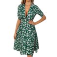 thumbnail image 4 of VISgogo Vestido con escote en V profundo para mujer, estampado floral, manga corta, con botones, de una pieza, azul/verde VISgogo  moda, 4 of 8