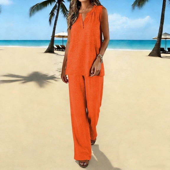 Xdegoge Two Piece Summer Outfits for Women Casual Sleeveless V Neck Tank Top and High Waisted Wide Leg Lounge Pants Matching Set Tracksuit Everyday Loungewear