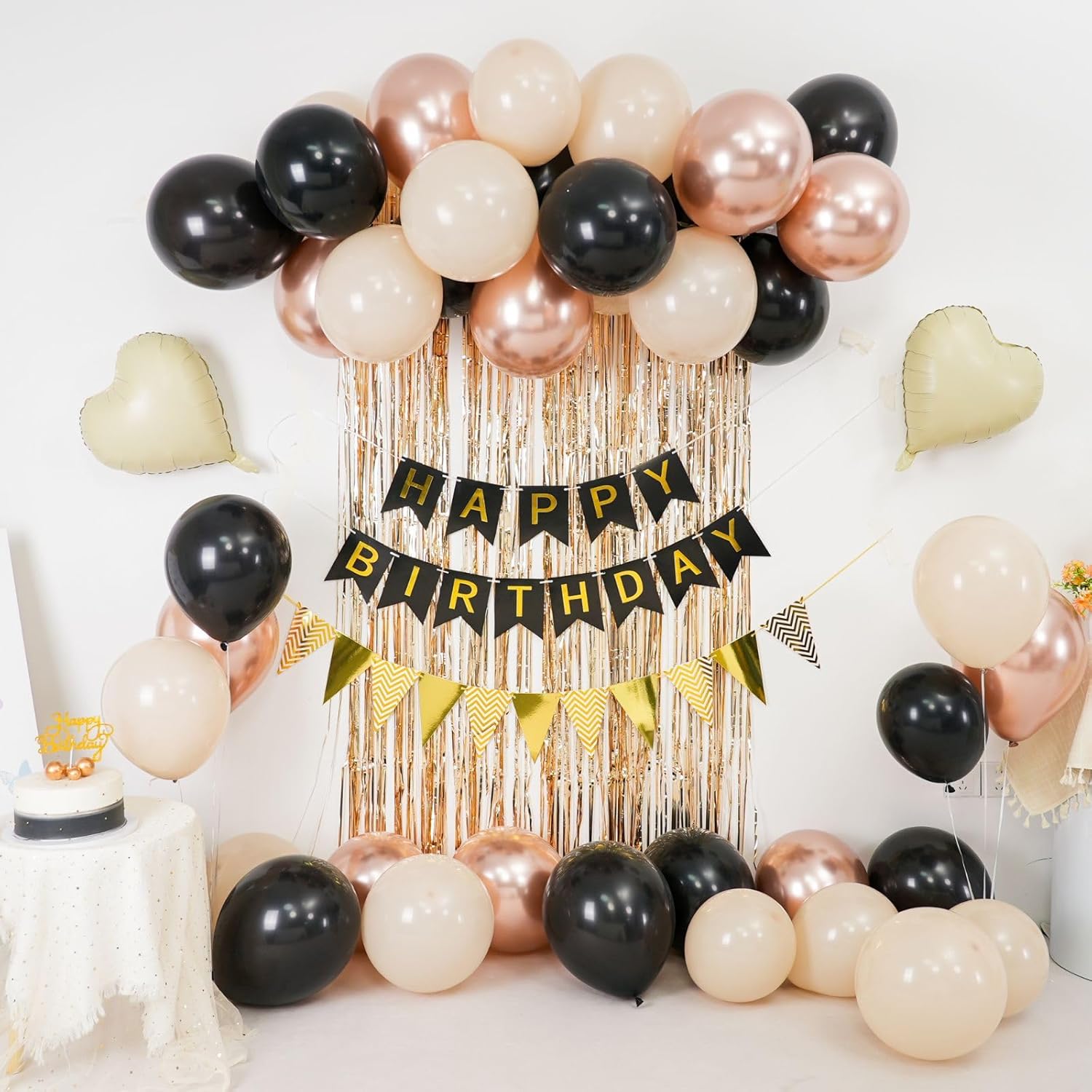 Black Gold Birthday Decorations,Party Decorations with Sand White Champagne Gold Balloon Heart Balloons Happy Birthday Banner Fringe Curtain for Women Men  Baby Shower Birthday Party Decor