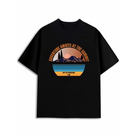 Greenink Retro Lake Mountain Sunset T Shirt for Outdoor Lovers, Unisex Black Crew Neck Short Sleeve Tee, Round Frame Nature Landscape Print, Casual Travel Camping Top