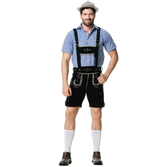 NAFUU Men's Oktoberfest Outfit Set 2 Piece Short Sleeve Plaid Shirt Embroidered Overalls Shorts Set Party Outfits Leisure Walking Suit