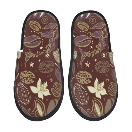 Balery Coffee and Flowers Slient Indoor Furry Fleece Comfort House Shoes Soft Non-Slip Home Shoes Cotton slippers House Slippers-- Large