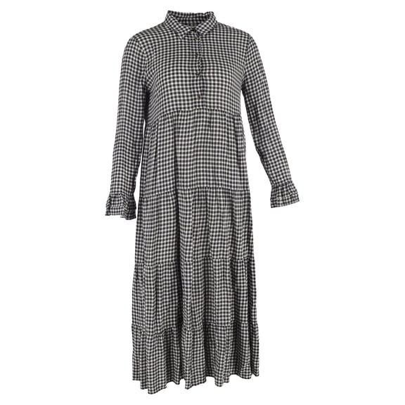 Pre-Owned Ganni Gingham Maxi Tiered Dress in Black and White Viscose