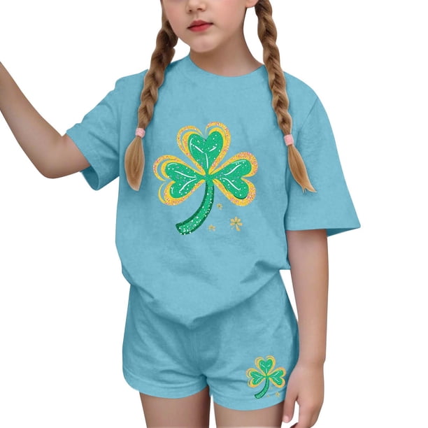 Vestido de manga corta Estilo Niños Día de San Patricio impreso cuello redondo blusa y pantalones Set de dos piezas Blusa de manga corta