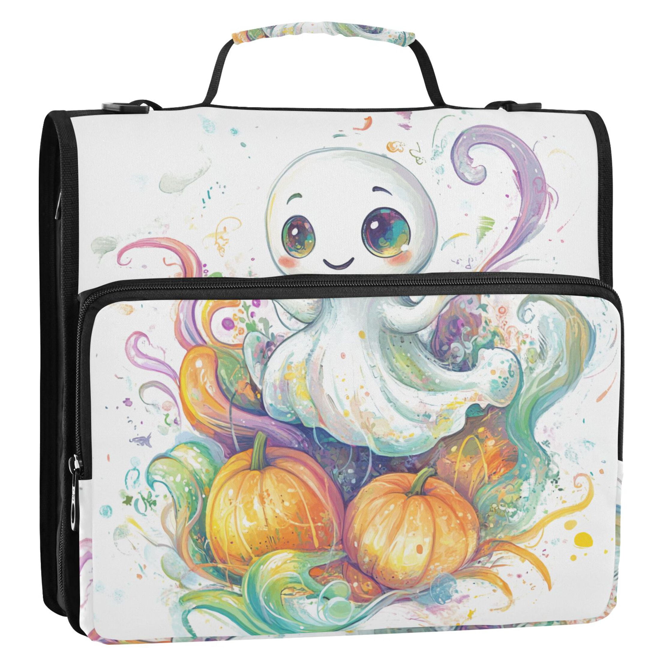 3 Ring Zipper Binder with Shoulder Strap Waterproof Trapper Keeper 2 Inch D-Ring 500 Sheets Capacity Lovely Ghost Pumpkin