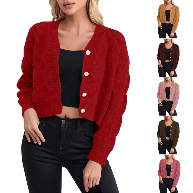 SYVGVA Womens Long Sleeved Coat Solid Color V-Neck Cardigan Blouse for Fall and Winter,Red,L