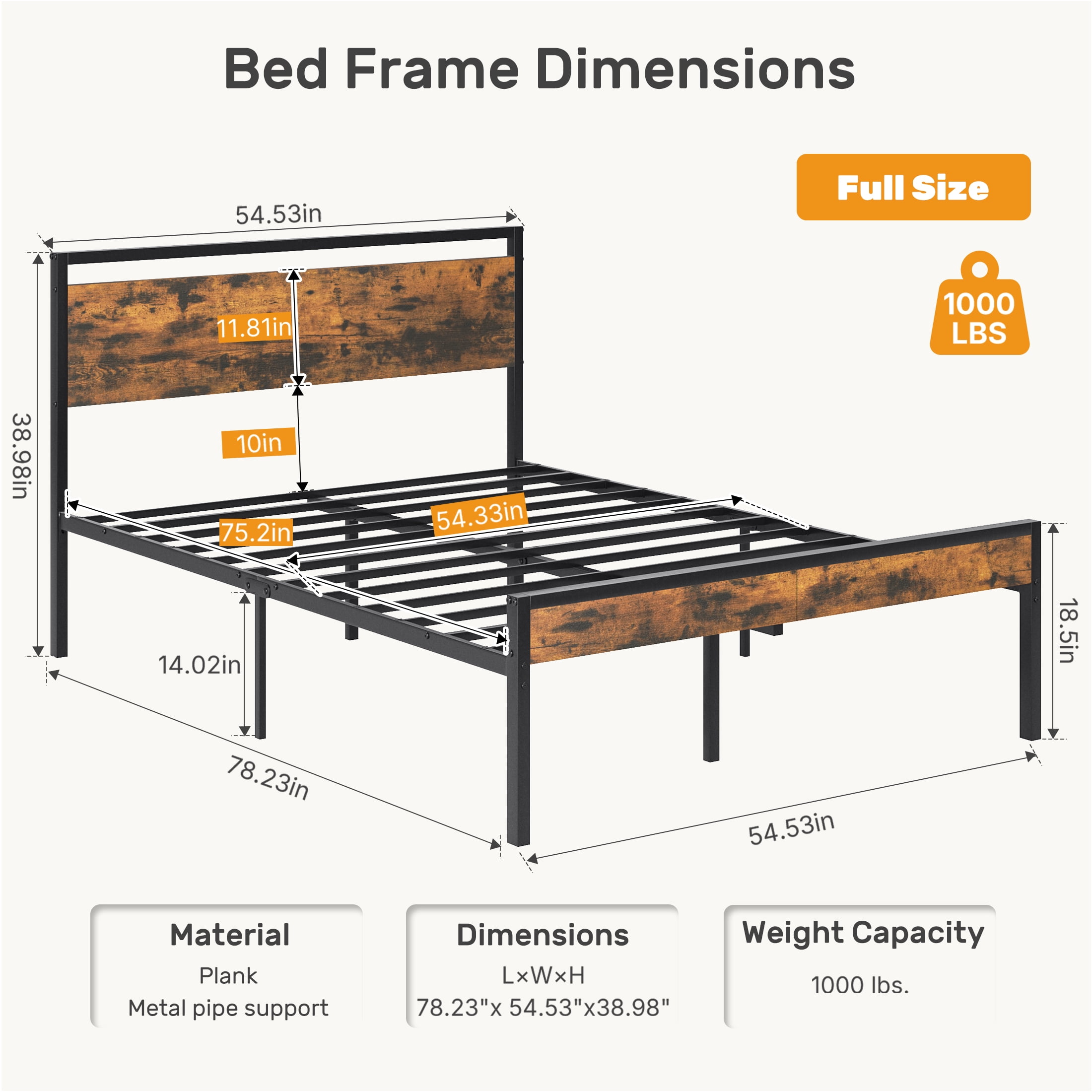 Gianna Heavy Duty Full Size Metal Platform Bed, No Box Spring Required with Headboard and Footboard, Mattress Foundation, Rust