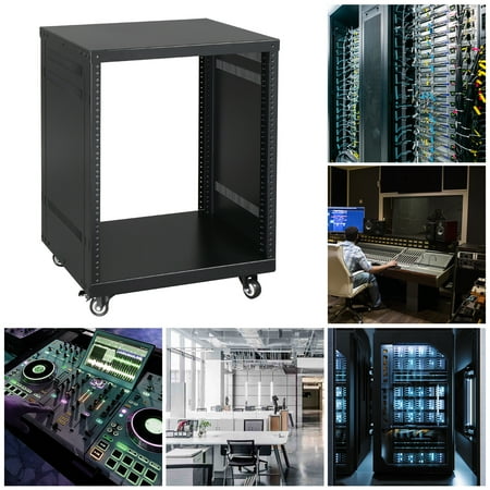 19In Rack Cabinet DJ Equipment 12U Space Metal Frame 24In Height Heavy Duty Locking Latches Wheels Audio Video Mixer Amplifier Portable Case Storage Black Studio Tour Road Case Amp Mount Pro