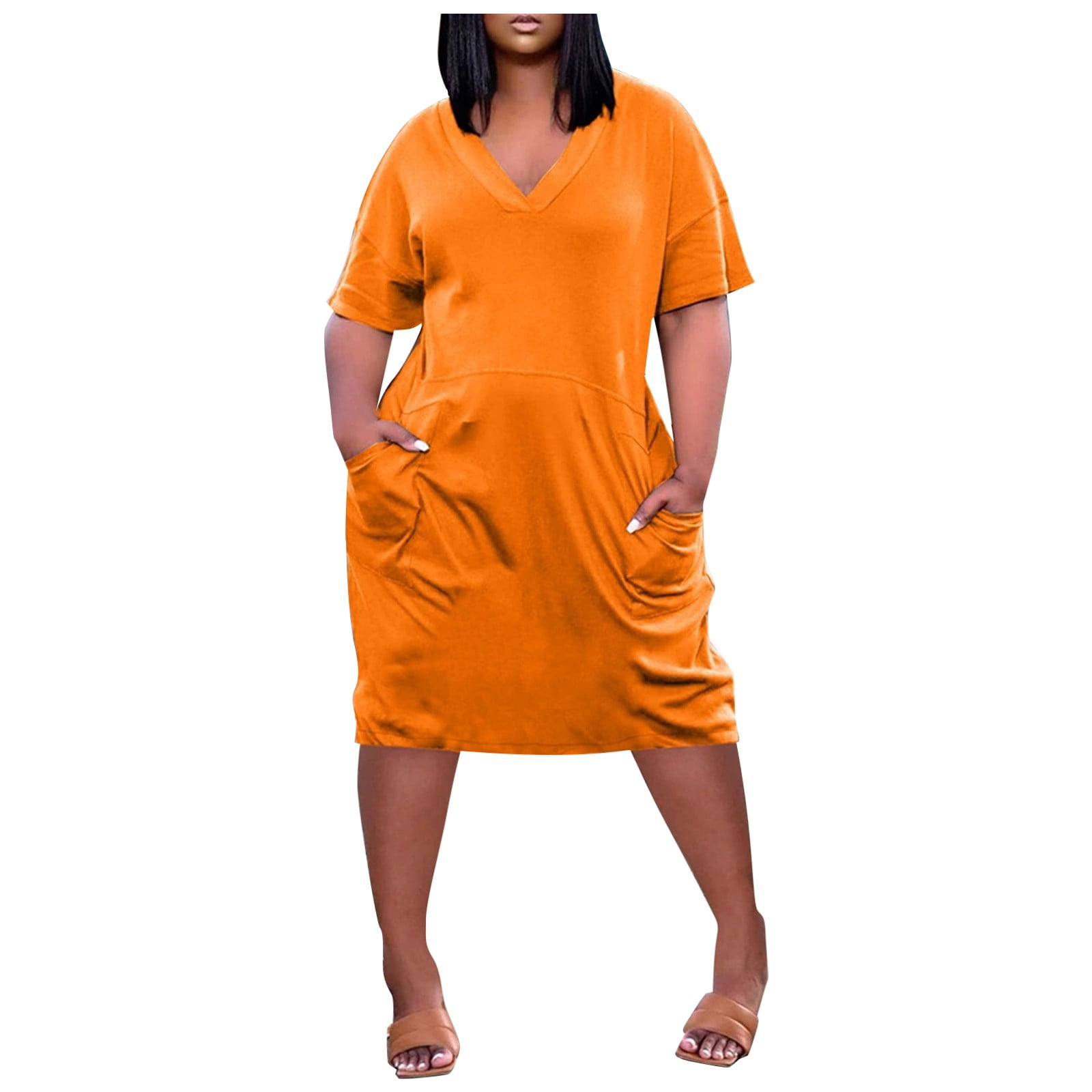 LBECLEY Midi Slip Dress Open Fashion Back Sleeve Casual V-Neck Dress ...
