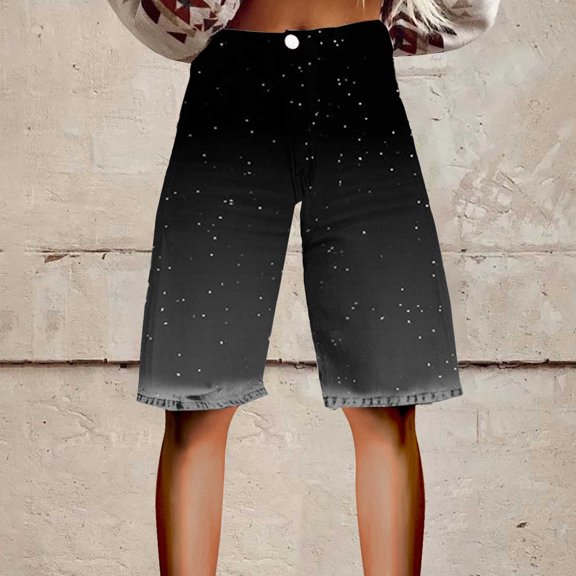 Stephy Flare Denim Shorts for Women Wide Leg Denim Shorts Woman Vintage Floral Print High Waisted Straight Stretch Pants with Pockets, Black, S