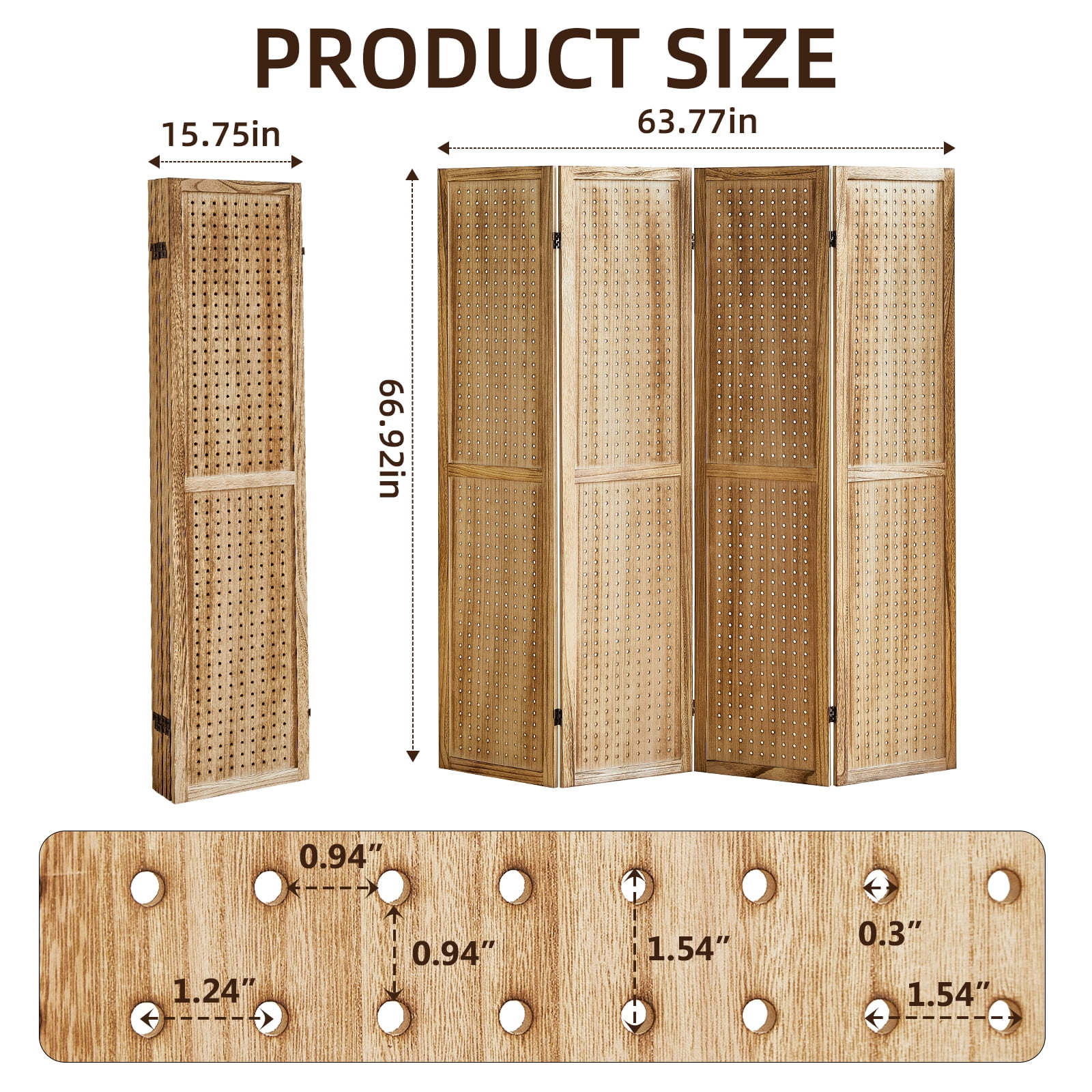Aletheiawu 4 Panel Display with 16 Hooks, Wood Room Divider Wall, No Installation, Light Brown