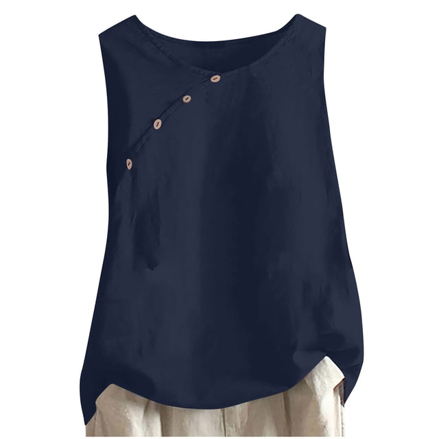 Mrat Débardeurs pour Femmes Mode Décontractée Sans Manches Boutons Col Rond Hauts Unis Débardeurs Boutons Col Haut Débardeurs pour Femmes P-385 Marine P