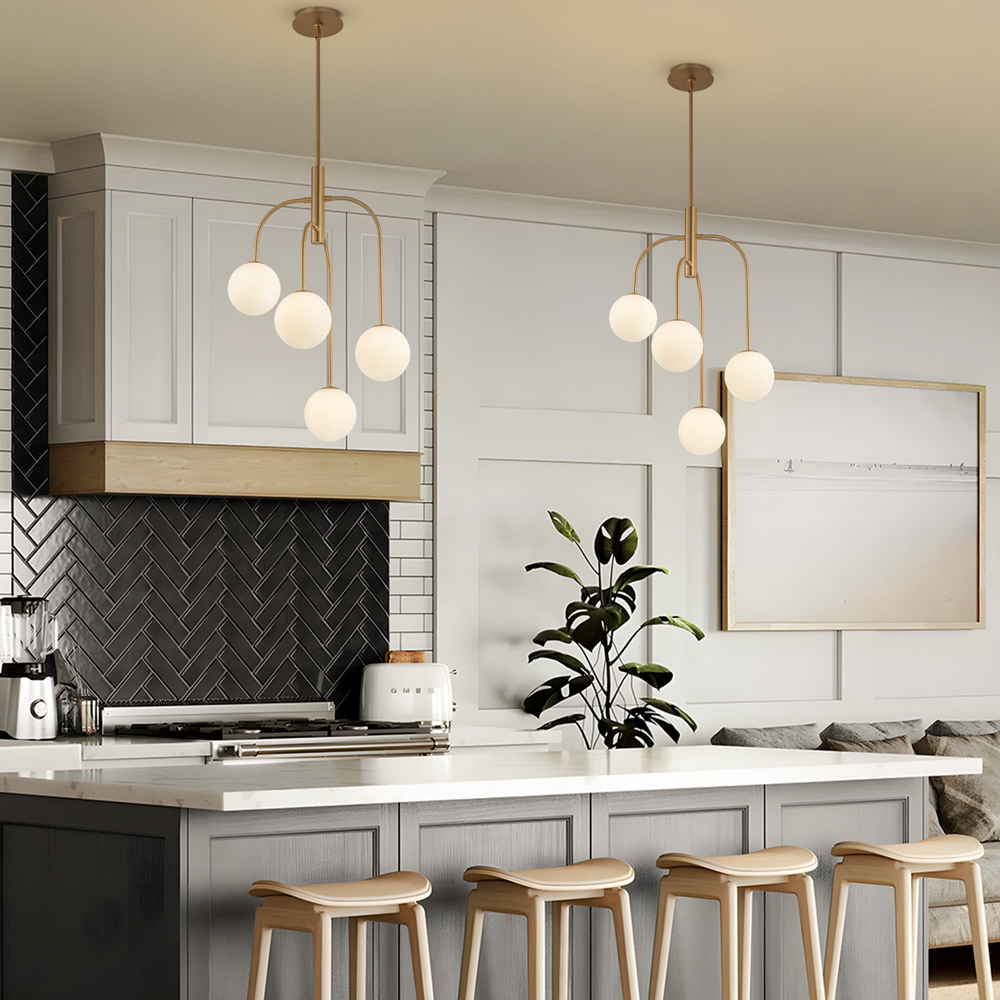 Gold Modern Chandelier Milk Glass Globe 4-Light Chandelier Brass Gold Pendant Light Fixture Industrial Iron Ceiling Light Fixture for Kitchen Island Bedroom