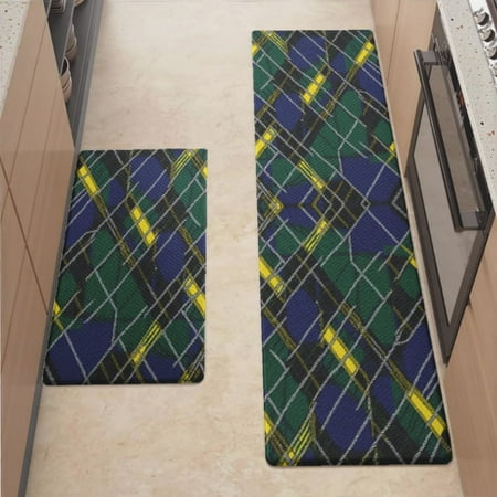 

Anti Fatigue Kitchen Mat Plaid Blue Green Yellow Sets of 2 Kitchen Rugs Non Slip Cushioned Standing Mat for Sink Floor Laundry Office Desk Mid 17.3 x 29 + Plus 17.3 x 47.2