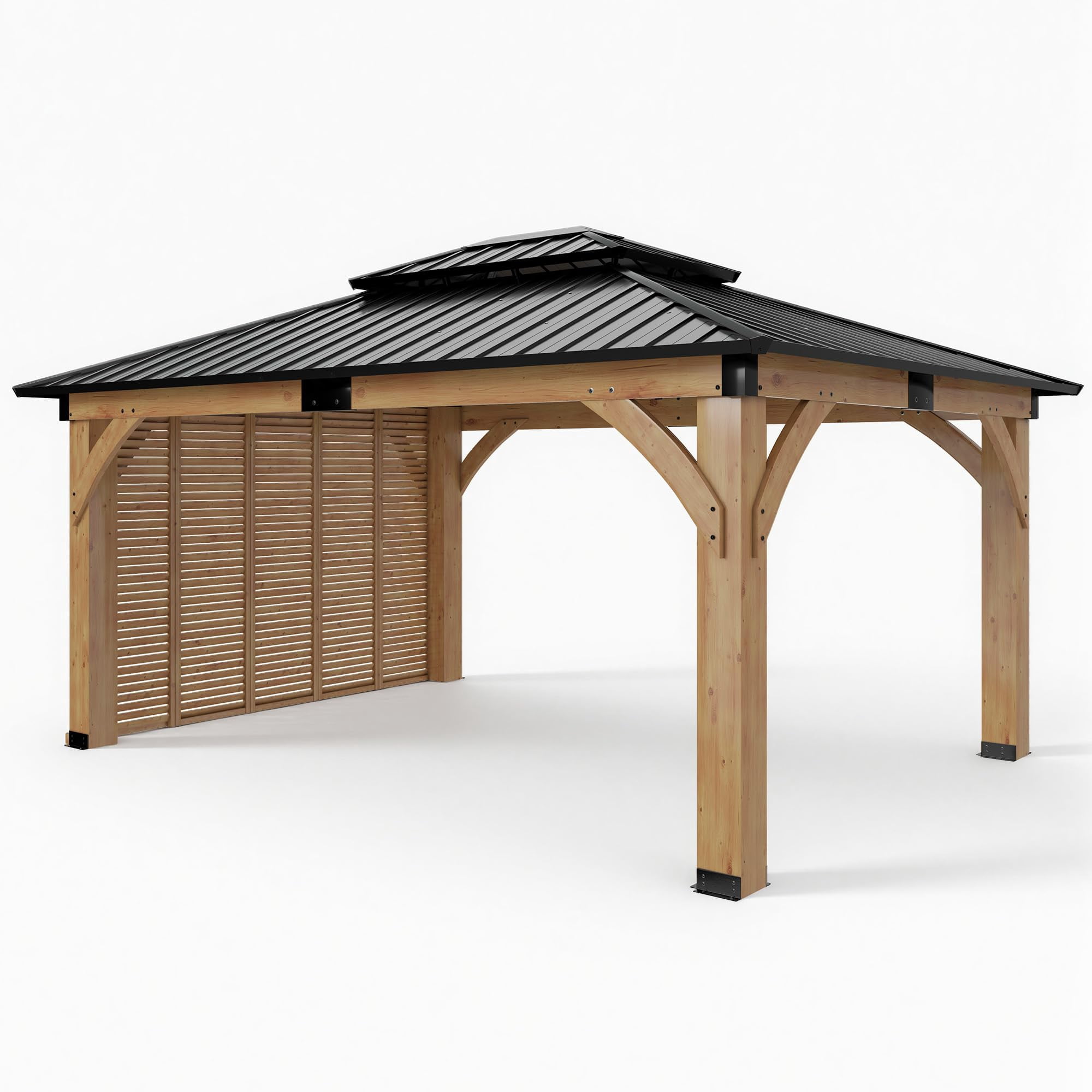 Jocisland 12' x 14' Permanent Wood Gazebo with Privacy Wall, Spruce Frame Hardtop Gazebo with Double-Tier Roof, Outdoor Pergola for Backyard & Patio