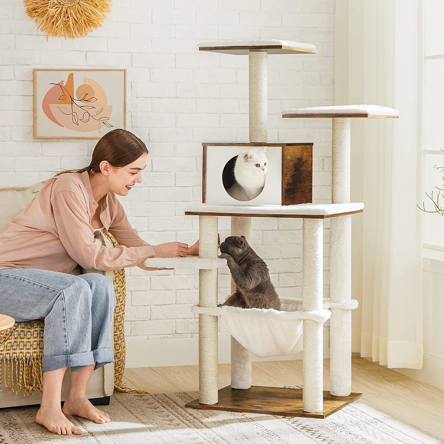 Feandrea Cat Tree, 54.3-Inch Cat Tower with Scratching Posts, Hammock, Cat Cave, Padded Perches, Wooden Cat Condo, Brown