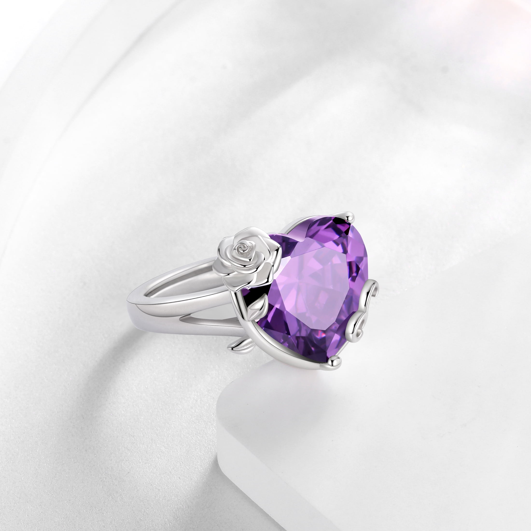 Juwaliy 9Ct Women Heart Ring 925 Sterling Silver Rose Flower February Birthstone Amethyst Purple Solitaire Ring Jewelry Girlfriend Valentine's Day Gift
