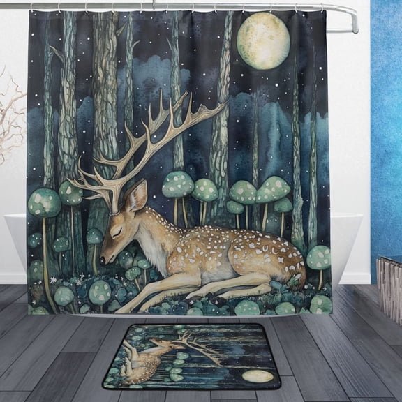 BZSMCE Shower Curtain and Bath Accessory Set,Moonlit Deer Retreat Pattern