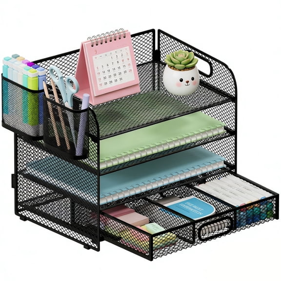 GARITIN Desk Organizer, 4-Tier Paper Letter File Organizers with 2 Pen Holder, Mesh Desktop Organizer for Office Organization and Storage, Black