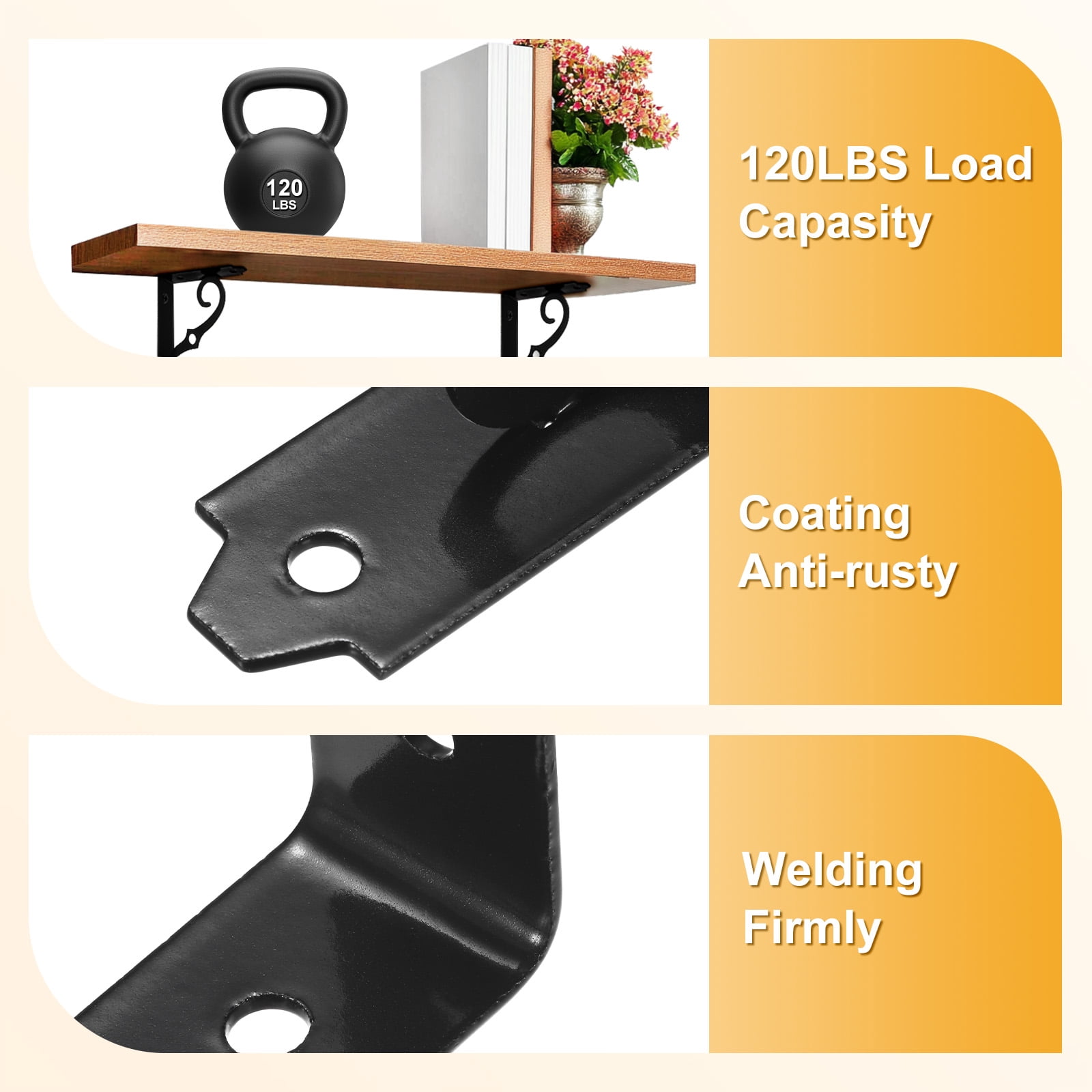 4-Pack Shelf Brackets, 8 Inch Long Iron Wall Mount Shelf Support Bracket for Home/Kitchen/DIY Decorative [Black]