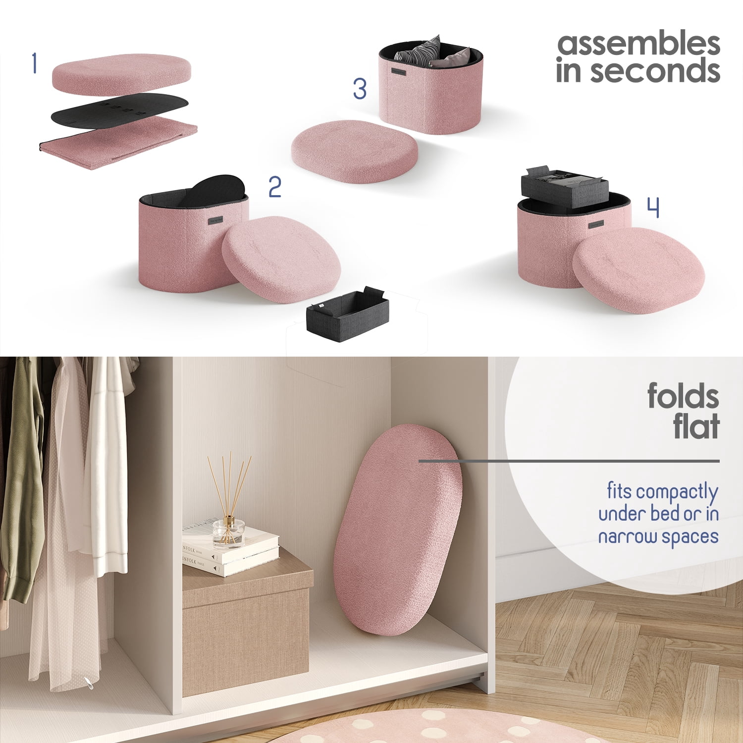 Hearth & Harbor Oval Storage Ottoman Bench, Boucle 16" Ottoman with Storage , Pink