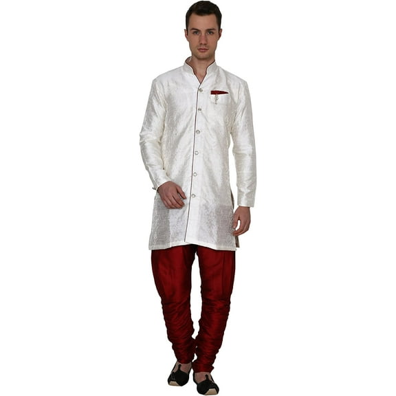 Royal Kurta Mens Jacqaurd Silk Floral Print Traditional Indowestern Beige