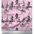 thumbnail image 1 of Soimoi Pink Cotton Poplin Fabric Bicycle & Eiffel Tower Architectural Printed Fabric 1 Yard 56 Inch Wide, 1 of 3