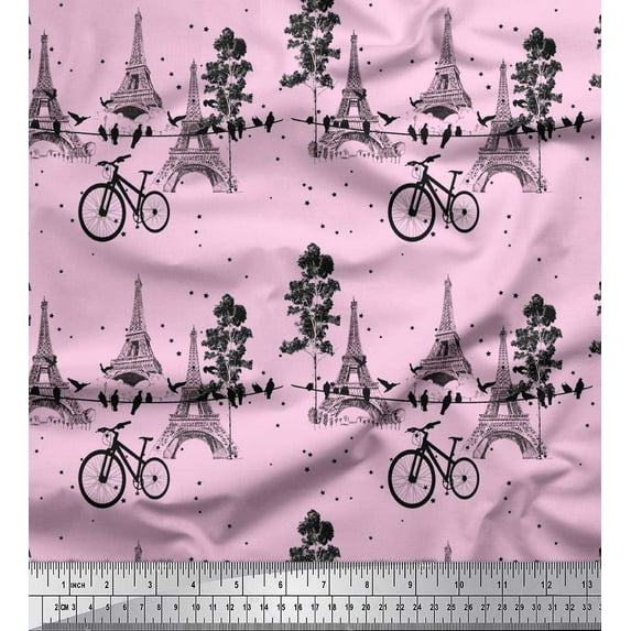 Soimoi Pink Cotton Poplin Fabric Bicycle & Eiffel Tower Architectural Printed Fabric 1 Yard 56 Inch Wide