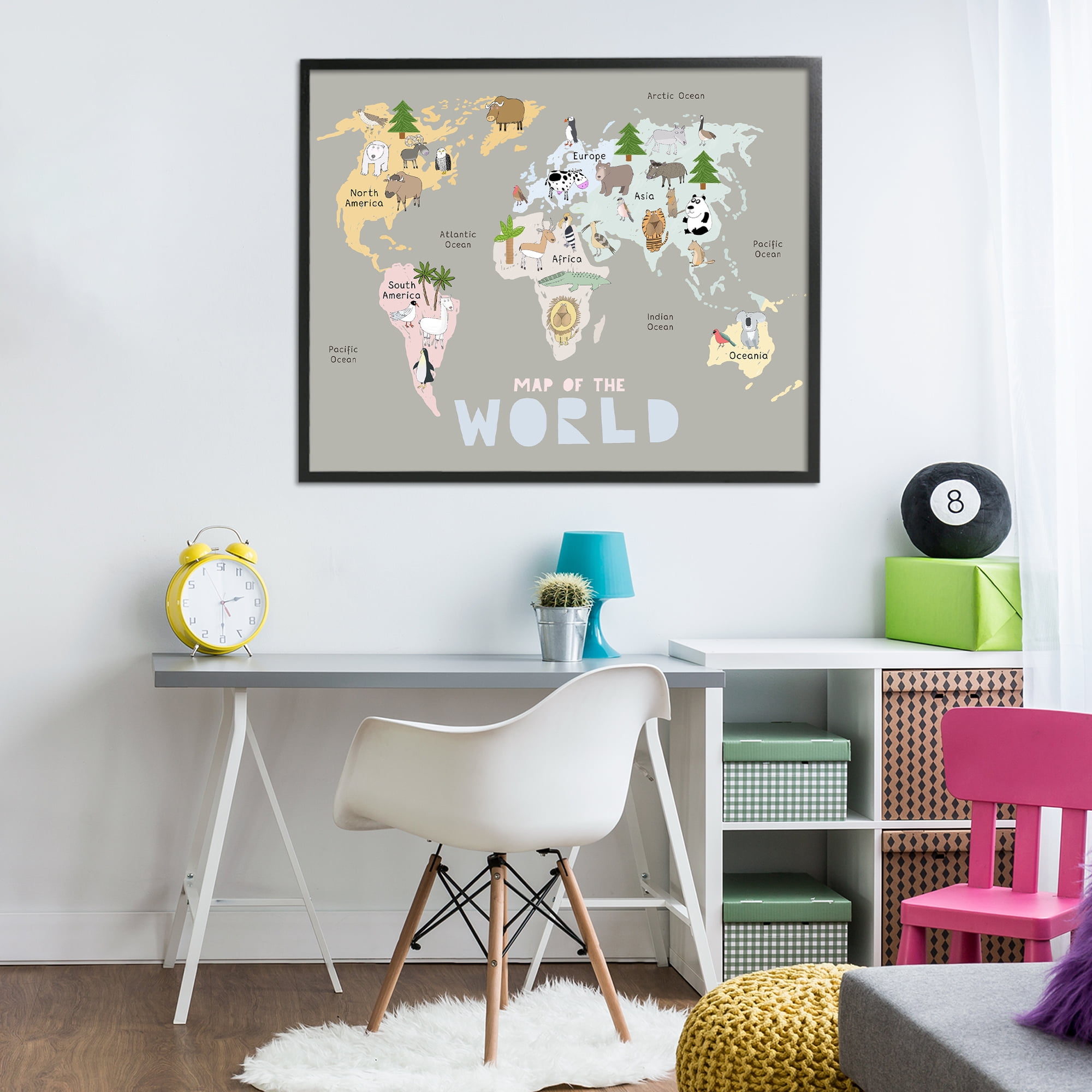 Kid's Map Of World Grey Black Framed Giclee Art, design by Carla Daly