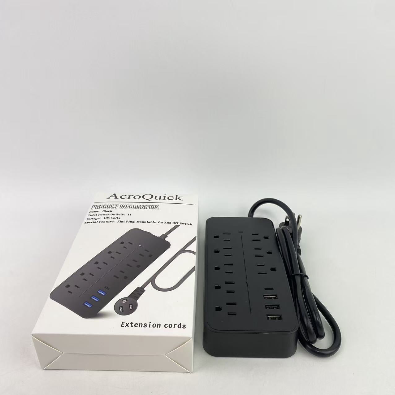 AcroQuick Extension cords, Black Surge Protector with Outlets - Spacious Design for Large Plugs, Flat Plug, 20W USB C Charging for Home, Office