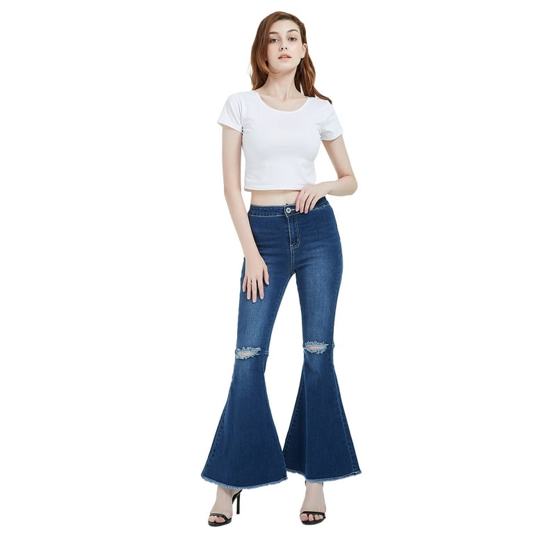 Women's Fashion Ripped High Waist Classic Denim Bell Bottom Jeans