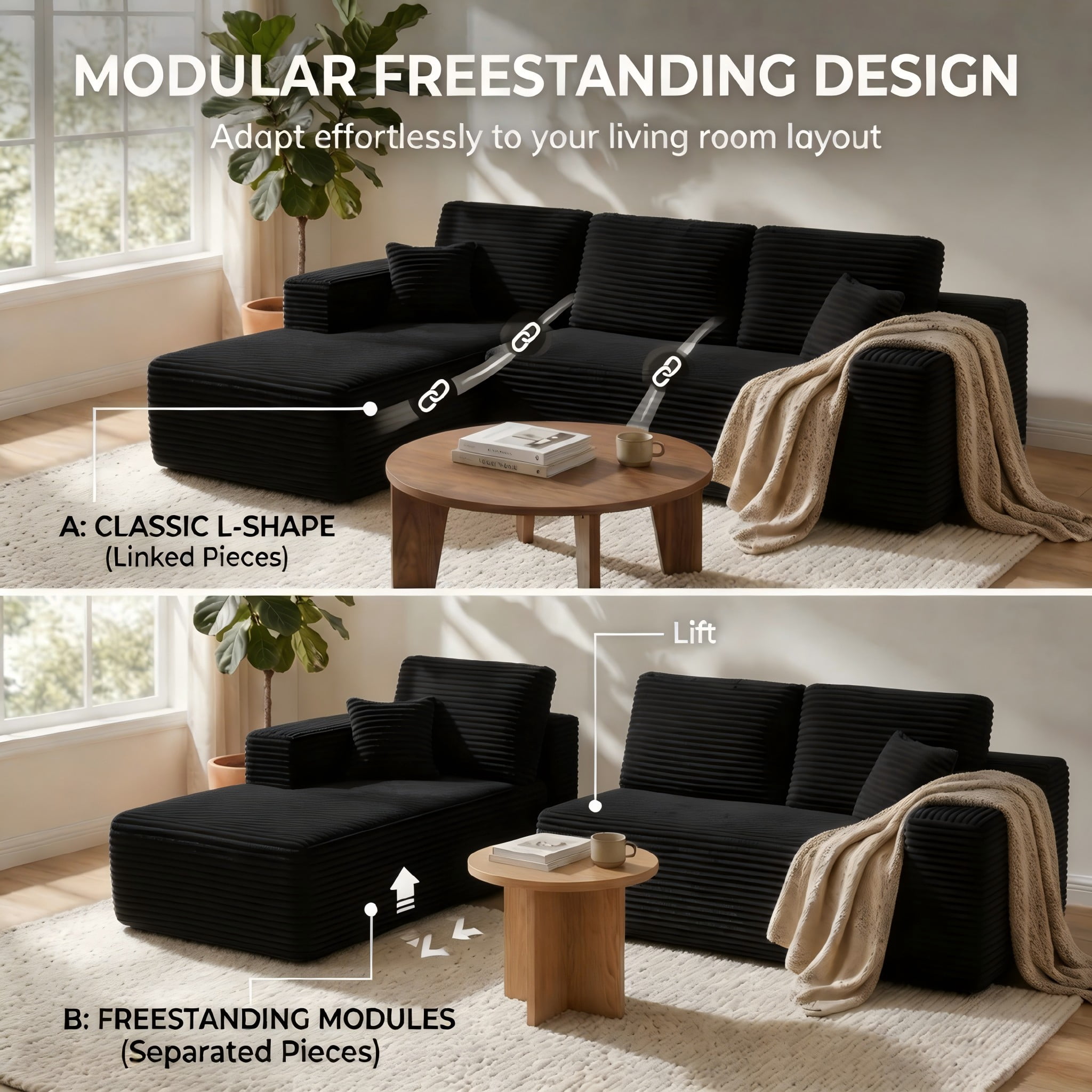 104" Cloud Sectional Sofa with Chaise, L-Shaped Corduroy Couch for Living Room, Zero Assembly, Memory Foam & Pocket Spring, Arrives in 2 Boxes, Left Facing (Black)