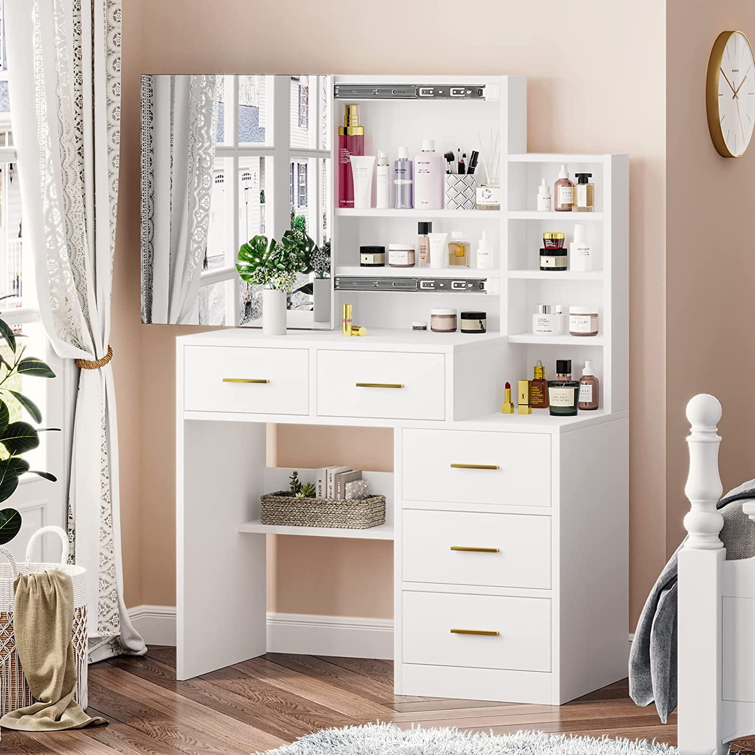 Vanity Desk with and Storage Shelves, Vanity with Mirror,Modern Vanity Table with Mirror for Bedroom,White -