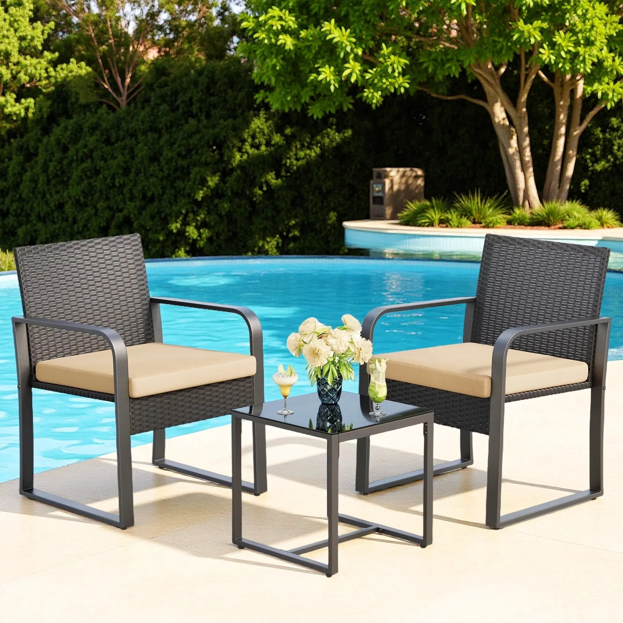 Patio Furniture Set for 3, Lofka All-Weather Outdoor Rattan Conversation Set with Glass Table for Lawn, Poolside, Porch,Beige