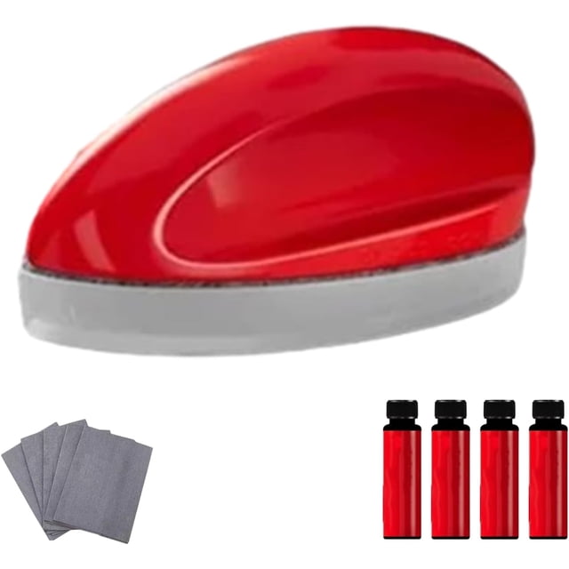 limpiador de parabrisas glass cool limpiador de parabrisas removedor de película de aceite de vidrio cepillo de limpieza automotriz, aplicador rojo con base gris en vista frontal centrada, frascos rojos de repuesto y paños grises visibles; muestra forma, color y elementos incluidos; indicado para aplicar revestimiento hidrofóbico y limpieza rápida de parabrisas, ventanas y espejos, y también suele usarse en puertas de ducha.