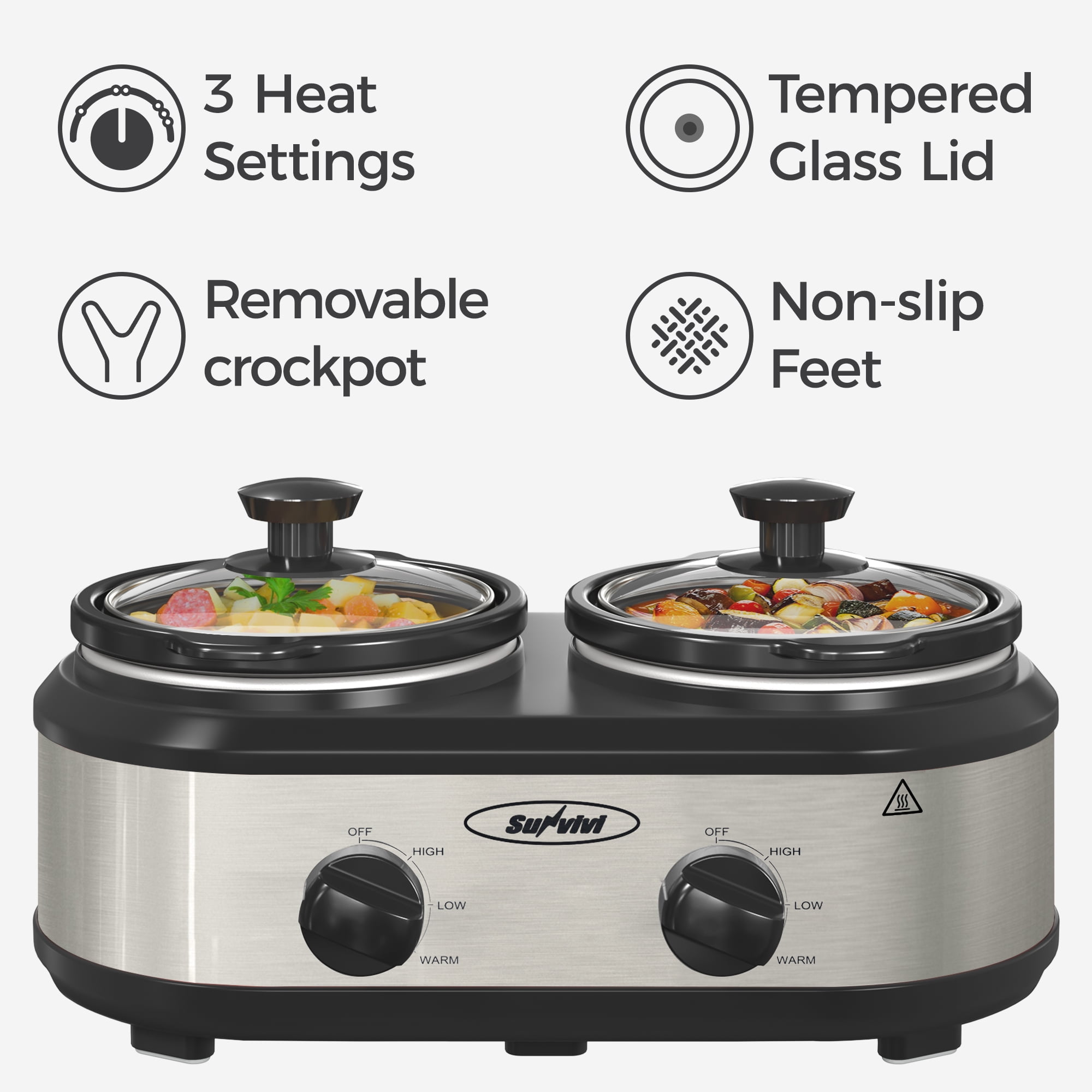 Sunvivi Dual Pot Slow Cooker, 2 Pot Small Mini Crock Buffet Server and  Warmer, Upgraded Oval Ceramic Double Pot Buffet Food Warmer Adjustable Temp