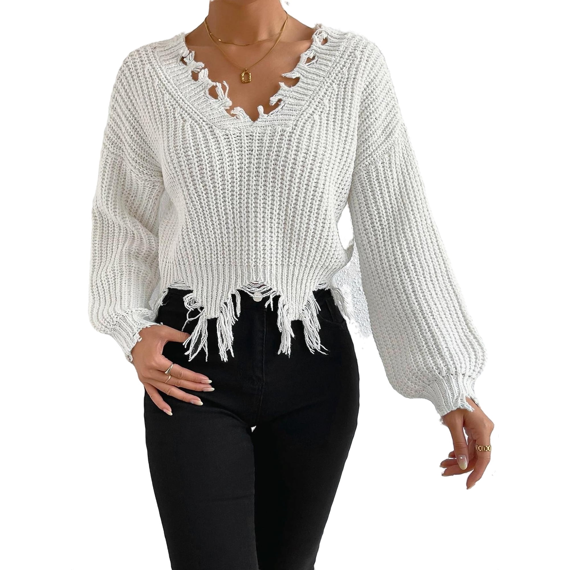 Casual Plain V neck Pullovers Long Sleeve White Women's Sweaters (Women's)  - Walmart.com