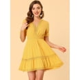 thumbnail image 2 of Mini vestido sólido de manga corta con cuello en V y cintura elástica para mujer Amarillo S, 2 of 6
